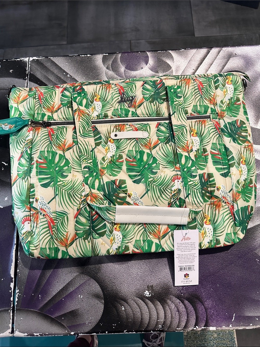 Lug Paddle Tropical Leaf & Parrot Tote Bag - White/Green